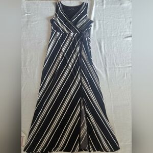 Glamour Black White Stripe Wrap Maxi Dress Sz 10 Sleeveless Flowy Vacation